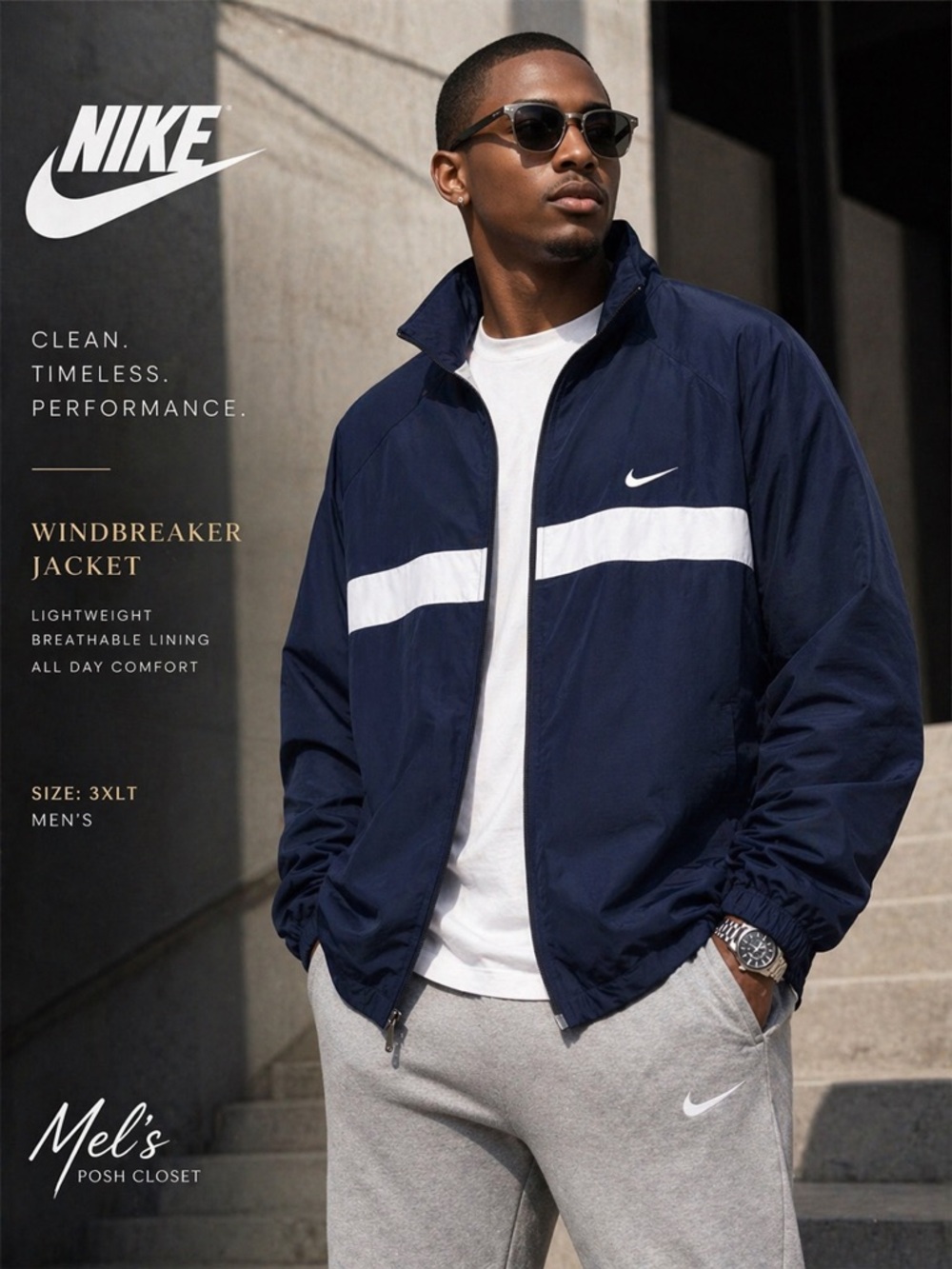 🚨Nike Windbreaker Jacket Men’s 3XLT Navy Blue White Stripe Full Zip Athletic